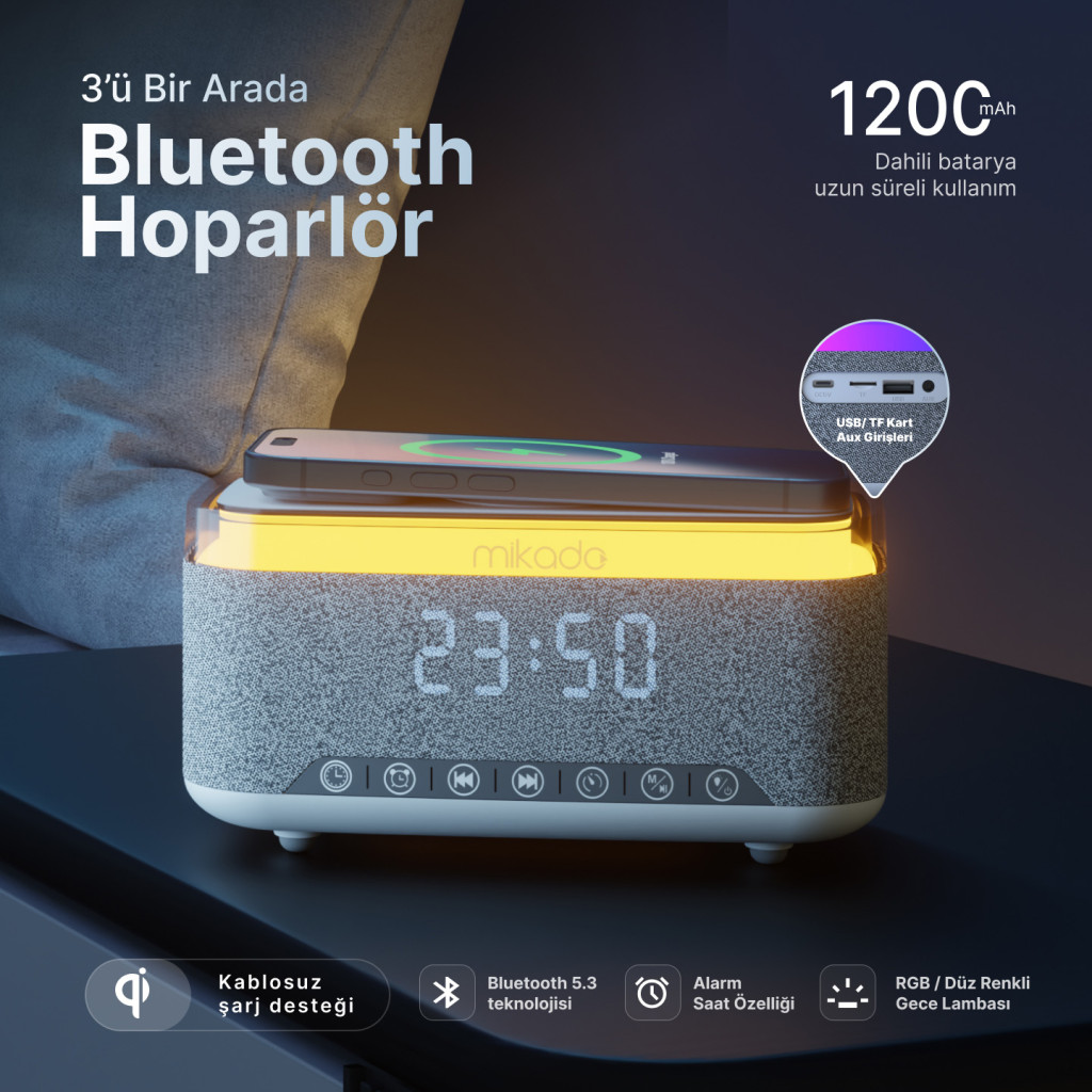 Mikado MD-W10 Gece Lambası Özellikli Alarmlı Saat Speaker – logo baskılı promosyon ürünü, görsel 4