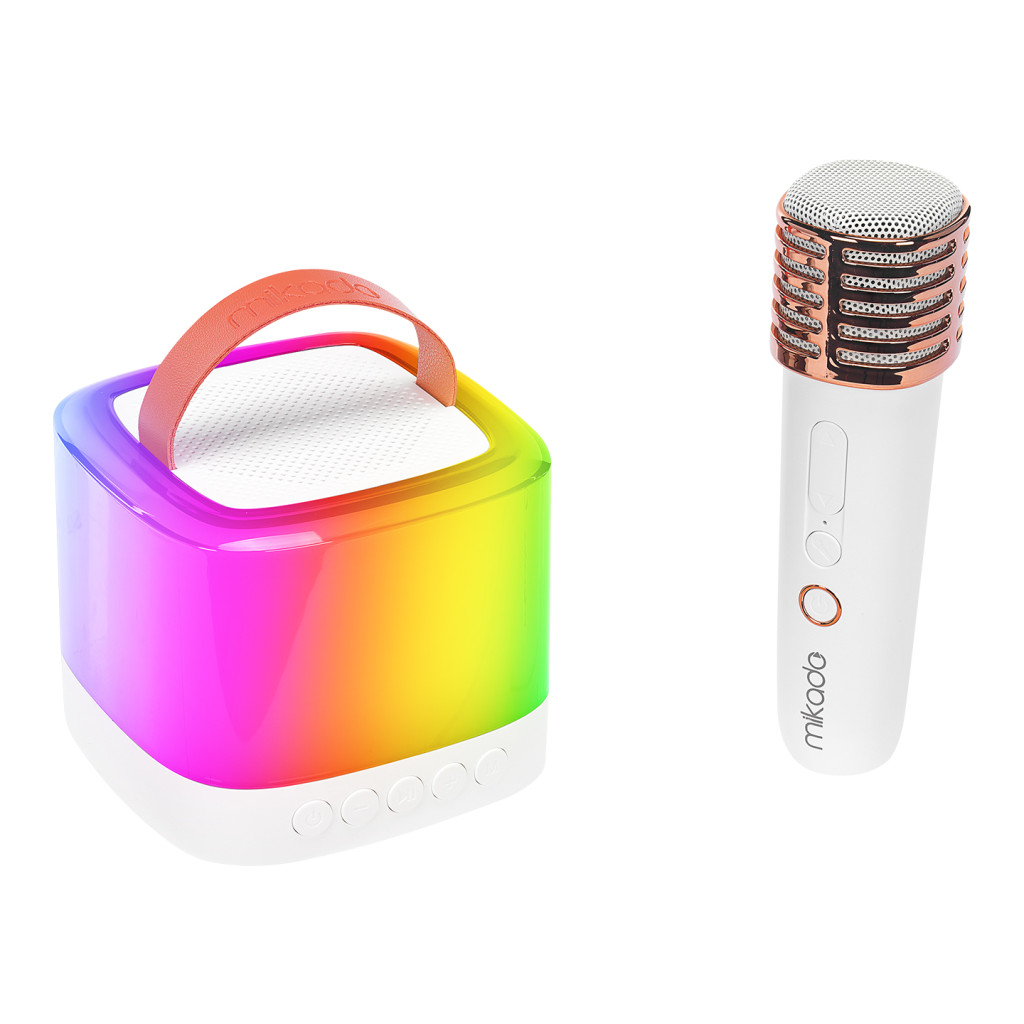 Mikado MD-16BT Favorite Beyaz TF Kart Destekli Bluetooth Wireless Karaoke Mikrofonlu 1200mAh Taşınabilir Speaker – logo baskılı 