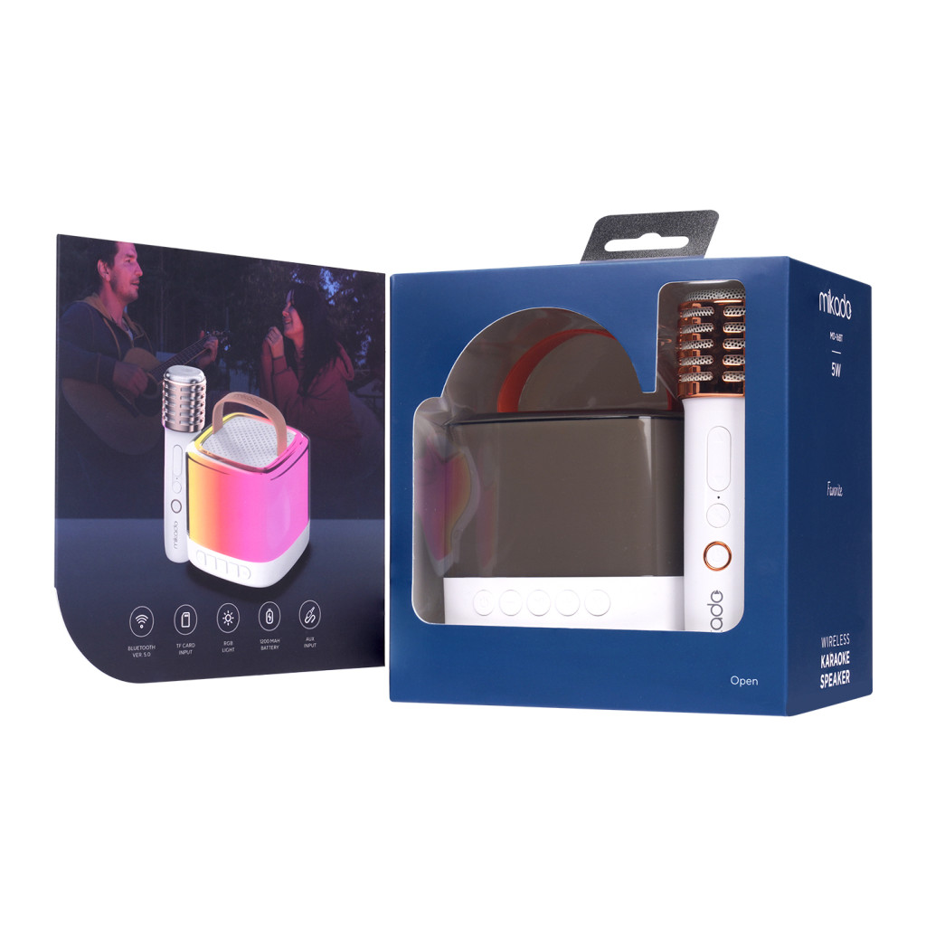 Mikado MD-16BT Favorite Beyaz TF Kart Destekli Bluetooth Wireless Karaoke Mikrofonlu 1200mAh Taşınabilir Speaker – logo baskılı 