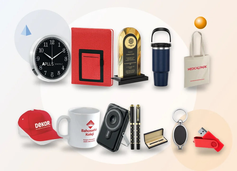 Logolu promosyon ürünleri: baskılı kupa, defter, termos, powerbank, kalem seti, duvar saati, şapka, bez çanta ve kristal plaket